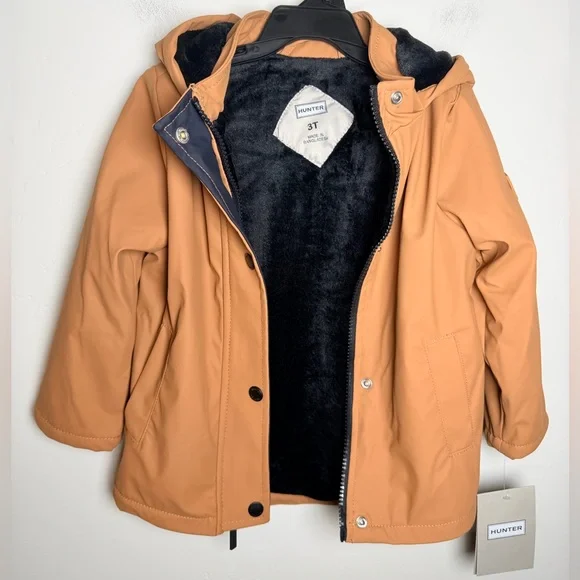 NWT Hunter Toddler Rain Jacket Size 3T Light Brown Fleece Lined Hooded Coat Tan - Picture 1 of 7
